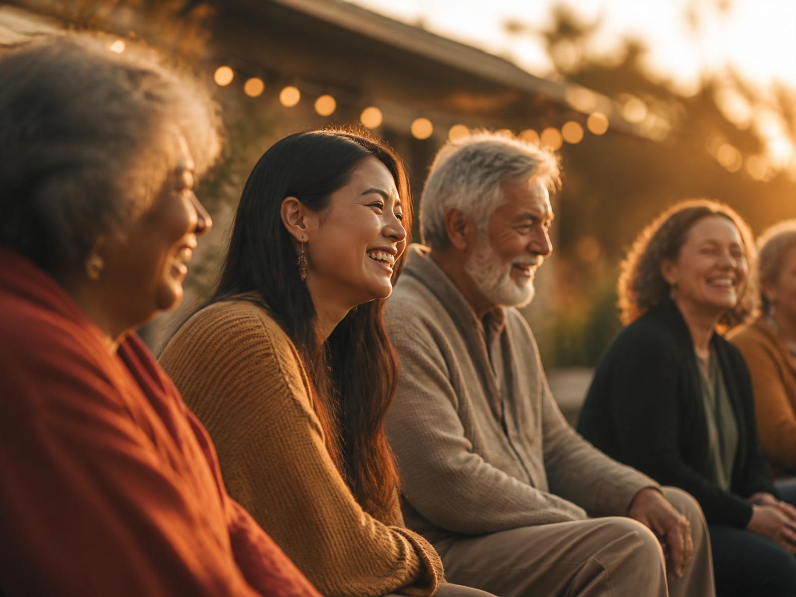 A multigenerational group of friends laughing together at golden hour
